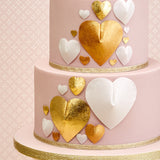 Edible wafer paper gold and white heart cut out cake