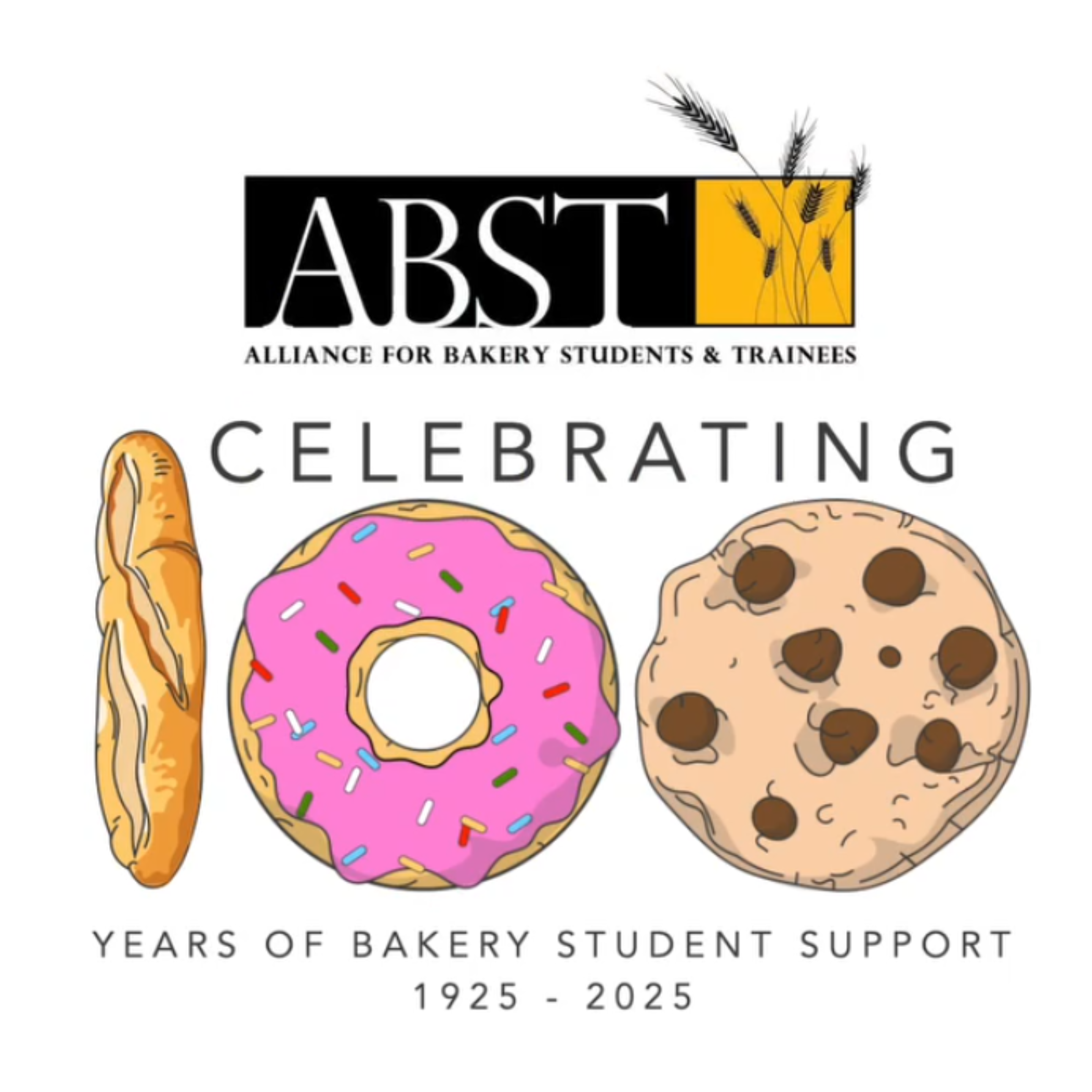 ABST centenary graphic with illustrated bread, doughnut and cookie
