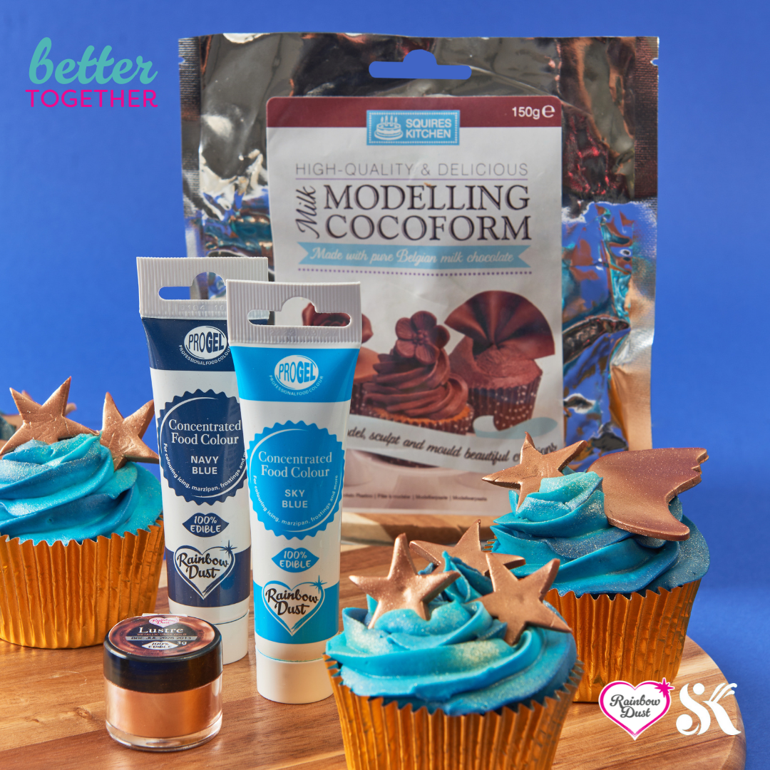 Gold star-topped cupcakes displayed with Cocoform and cake-decorating products