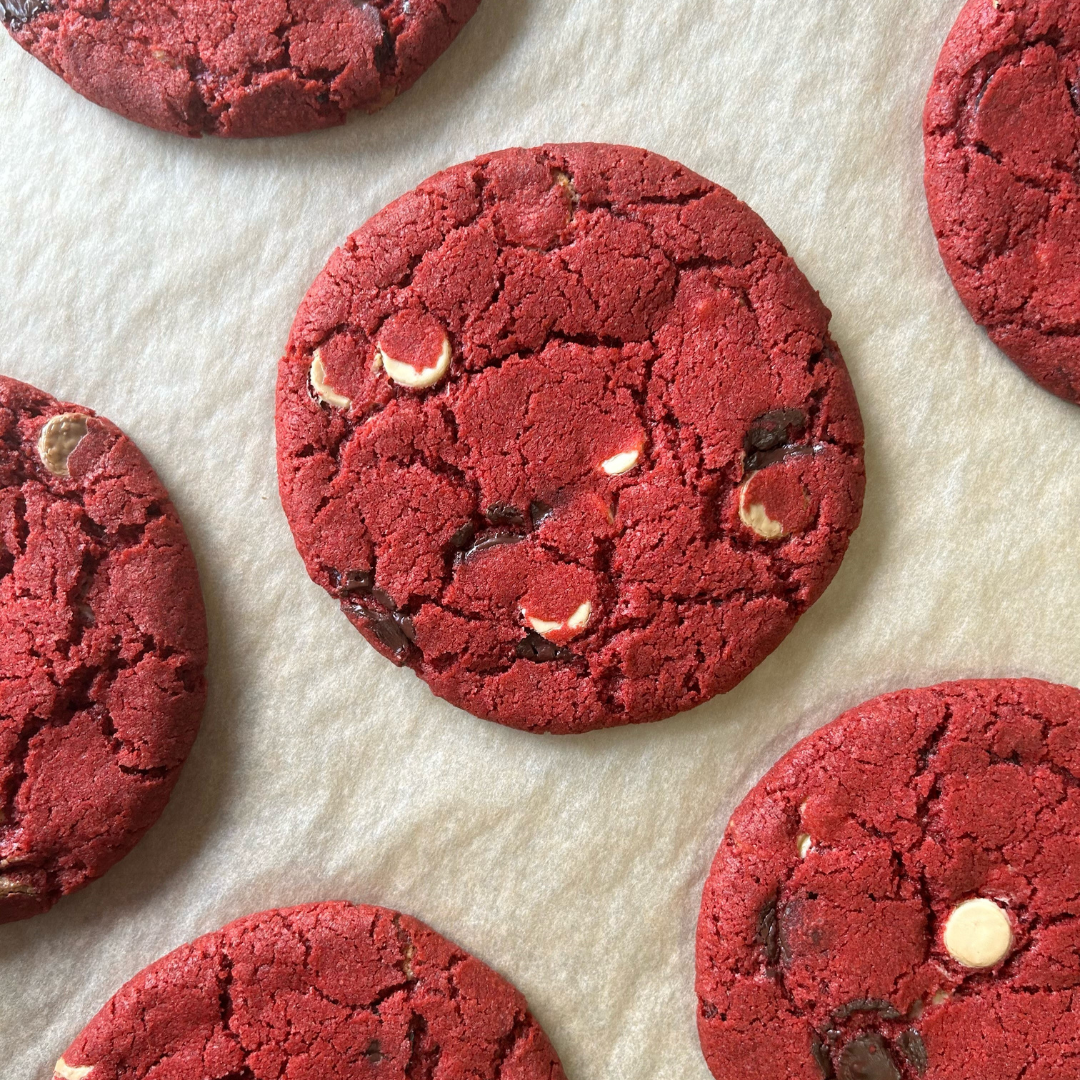 Red velvet cookies with white chocolate chips