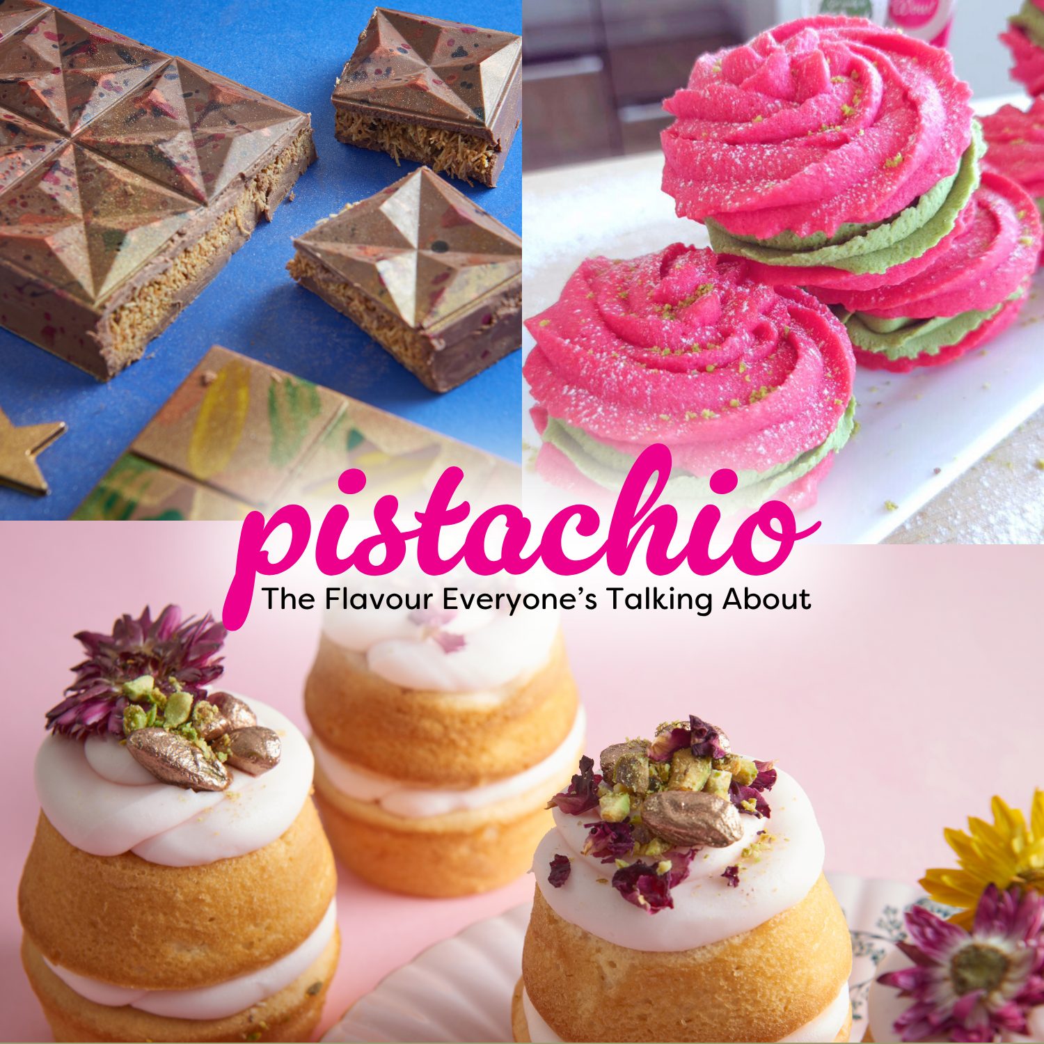Collage of pistachio brownies, pink cupcakes and pistachio-topped mini cakes