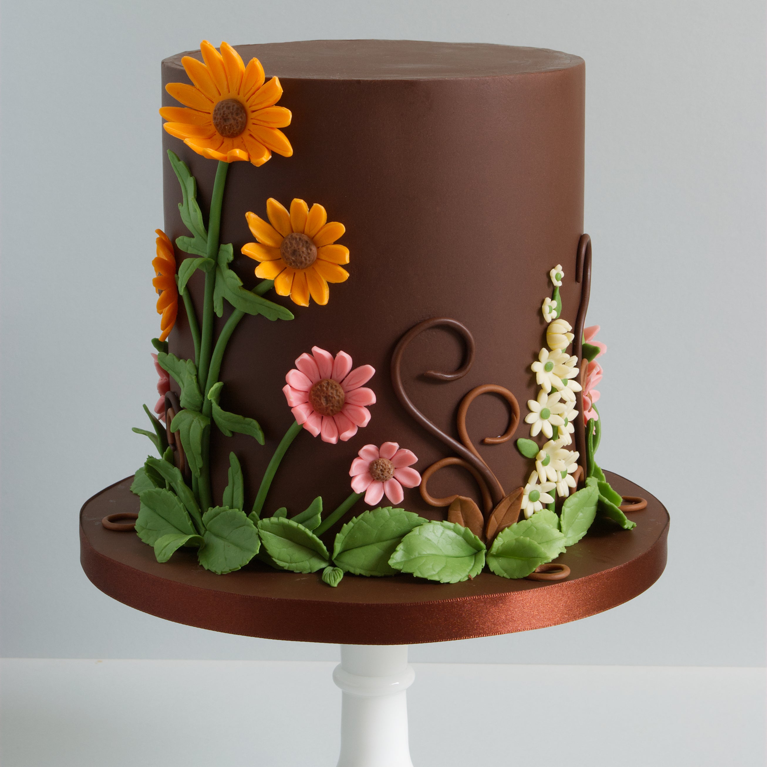 Cake with chocolate model decorations and chocolate covering